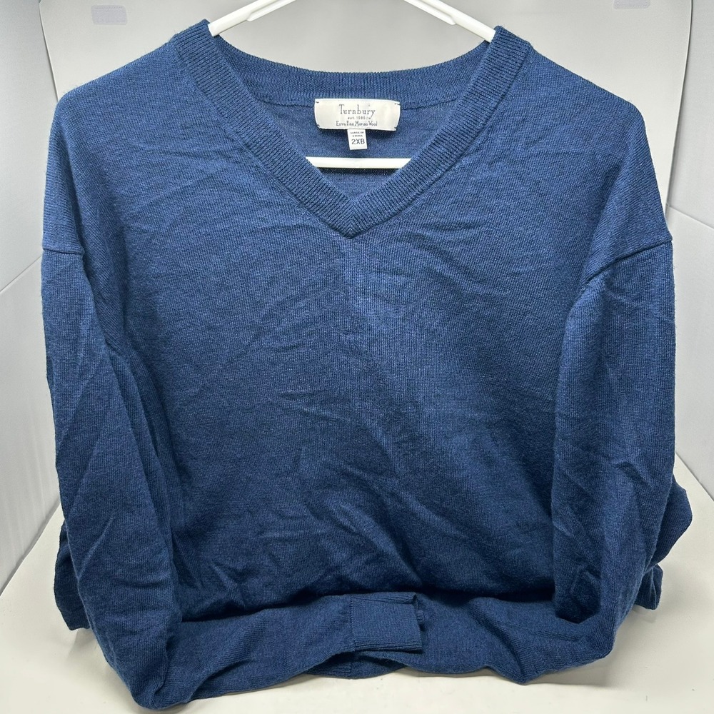 Turnbury Sweater Men 2XB Blue Merino Wool V-Neck Extra Fine Knit Pullover 8888